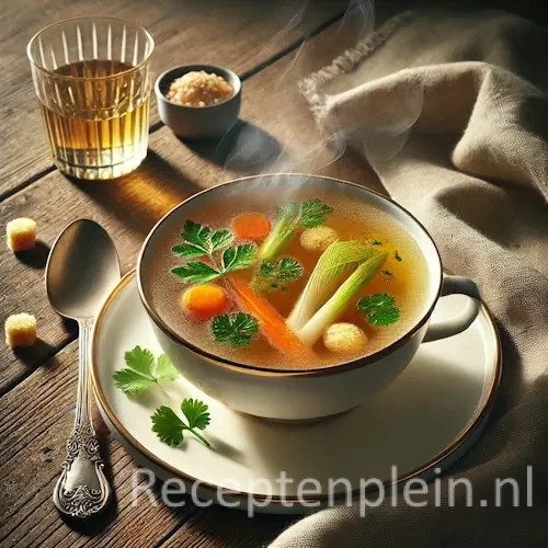 Hyperrealistische foodfoto van Consommé Mireille in een elegante ivoorkleurige porseleinen soepkom op een schotel, geplaatst op een rustieke houten tafel en licht uitgezoomd zodat het tafelblad zichtbaar is. De heldere goudkleurige bouillon bevat fijne groenteblokjes van wortel, prei en selderij, kleine kruidige griesmeelknoedels en verse kervelblaadjes. Naast de kom liggen een zilveren lepel, een linnen servet en een glas witte wijn in zacht warm natuurlijk daglicht met een verfijnde Franse restaurantuitstraling en premium foodmagazine stijl.