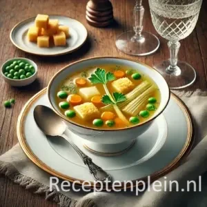 Hyperrealistische foodfoto van Consommé Richelieu in een elegante witte porseleinen soepkom met goudrand op een schotel, geplaatst op een rustieke houten tafel en licht uitgezoomd zodat het tafelblad zichtbaar is. De heldere goudkleurige bouillon bevat blokjes kiproyale, fijne reepjes wortel en prei, groene erwtjes en peterselieblaadjes. Naast de kom liggen een zilveren lepel, een linnen servet en een glas witte wijn in warm natuurlijk daglicht met een klassieke Franse fine-dining uitstraling en premium foodmagazine stijl.