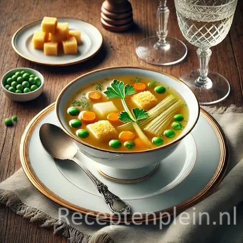 Hyperrealistische foodfoto van Consommé Richelieu in een elegante witte porseleinen soepkom met goudrand op een schotel, geplaatst op een rustieke houten tafel en licht uitgezoomd zodat het tafelblad zichtbaar is. De heldere goudkleurige bouillon bevat blokjes kiproyale, fijne reepjes wortel en prei, groene erwtjes en peterselieblaadjes. Naast de kom liggen een zilveren lepel, een linnen servet en een glas witte wijn in warm natuurlijk daglicht met een klassieke Franse fine-dining uitstraling en premium foodmagazine stijl.