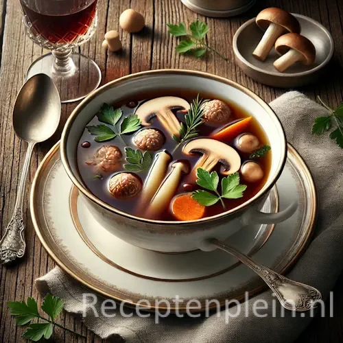 Hyperrealistische foodfoto van Consommé Saint Hubert in een elegante porseleinen soepkom op een schotel, geplaatst op een rustieke houten tafel en licht uitgezoomd zodat het tafelblad zichtbaar is. De heldere diep amberkleurige wildbouillon bevat kleine quenelles van wild, fijne blokjes wortel en knolselderij, boschampignons en peterselieblaadjes. Op tafel staan een zilveren lepel, een linnen servet en een glas rode wijn in warm natuurlijk licht met een klassieke jachtlodge-uitstraling en premium foodmagazine stijl.