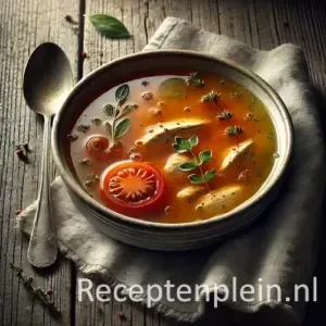 Hyperrealistische foodfoto van een licht amber-oranje consommé à l’aurore met subtiele tomatentint, geserveerd in een eenvoudig keramisch soepbord op een rustieke houten tafel. In de heldere bouillon drijven onregelmatige stukjes kip, zachte tomatenconcassé en losjes verspreide kruidenblaadjes. Lichte stoom stijgt natuurlijk op. Naast de kom ligt een licht verweerde zilveren lepel en een nonchalant gevouwen linnen servet, met enkele kruimels kruiden op de tafel in zacht diffuus daglicht met zachte, ongelijkmatige schaduwen.
