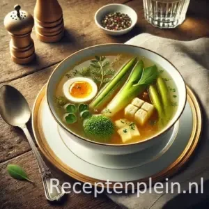 Hyperrealistische foodfoto van een heldere goudkleurige consommé à la royale geserveerd in een wit porseleinen soepbord op een rustieke houten tafel. In de transparante bouillon drijven kleine blokjes royale (hartige eiercustard), fijne brunoise van groenten en delicate kruiden. Lichte stoom stijgt op uit de soep. Naast het bord liggen een zilveren soeplepel, een linnen servet, een pepermolen en een schaaltje kruiden in warm natuurlijk daglicht met zachte reflecties in de bouillon.