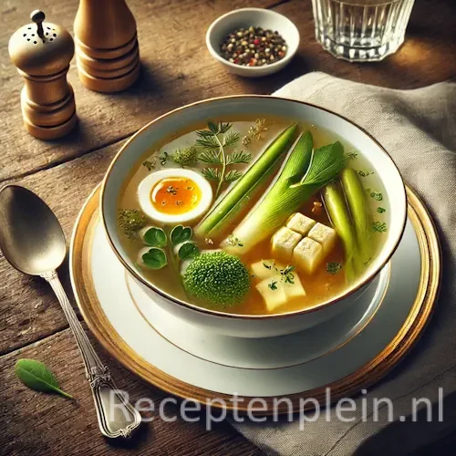 Hyperrealistische foodfoto van een heldere goudkleurige consommé à la royale geserveerd in een wit porseleinen soepbord op een rustieke houten tafel. In de transparante bouillon drijven kleine blokjes royale (hartige eiercustard), fijne brunoise van groenten en delicate kruiden. Lichte stoom stijgt op uit de soep. Naast het bord liggen een zilveren soeplepel, een linnen servet, een pepermolen en een schaaltje kruiden in warm natuurlijk daglicht met zachte reflecties in de bouillon.