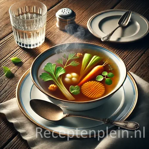 Hyperrealistische foodfoto van Consommé cabarettière in een verfijnde porseleinen soepkom op een schotel, geplaatst op een rustieke houten tafel en licht uitgezoomd zodat het tafelblad zichtbaar is. De heldere diep amberkleurige bouillon bevat kleine quenelles, fijne blokjes wortel, prei en selderij en delicate kruidenblaadjes. Naast de kom liggen een zilveren lepel, een linnen servet en een glas water in warm natuurlijk daglicht met een elegante Franse brasserie-uitstraling en premium foodmagazine stijl.