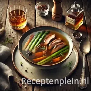 Hyperrealistische foodfoto van een heldere diep amberkleurige eendenconsommé geserveerd in een elegant porseleinen soepbord op een rustieke houten tafel. In de transparante bouillon liggen malse plakjes eend, fijne groenten zoals wortel en prei en delicate kruiden. Lichte stoom stijgt op uit de soep. Op de achtergrond staan een zilveren soeplepel, een linnen servet, een pepermolen en een klein glas met amberkleurige drank in warm natuurlijk daglicht met zachte reflecties in de bouillon.