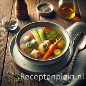 Hyperrealistische foodfoto van een heldere amberkleurige kippenconsommé geserveerd in een diep porseleinen soepbord op een rustieke houten tafel. In de transparante bouillon drijven fijne brunoise van wortel, prei en selderij, malse stukjes kip en verse kruiden. Er stijgt lichte stoom op uit de soep. Naast het bord liggen een zilveren soeplepel, een linnen servet, een pepermolen en kleine schaaltjes met kruiden in warm natuurlijk daglicht met zachte reflecties in de bouillon.