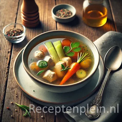 Hyperrealistische foodfoto van een heldere amberkleurige kippenconsommé geserveerd in een diep porseleinen soepbord op een rustieke houten tafel. In de transparante bouillon drijven fijne brunoise van wortel, prei en selderij, malse stukjes kip en verse kruiden. Er stijgt lichte stoom op uit de soep. Naast het bord liggen een zilveren soeplepel, een linnen servet, een pepermolen en kleine schaaltjes met kruiden in warm natuurlijk daglicht met zachte reflecties in de bouillon.