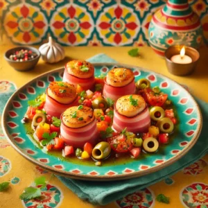 Een prachtig gepresenteerd gerecht van coquilles gewikkeld in gerookte ham, aangevuld met een frisse salsa van tomaten, olijven, kappertjes, knoflook en bieslook. Het bord is kleurrijk en feestelijk opgemaakt, met een lichte citroenmarinade als finishing touch. De warme achtergrond straalt een uitnodigende sfeer uit met levendige kleuren en subtiele decoratieve patronen. ๐๐
โจ