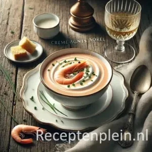 Hyperrealistische foodfoto van Crème Agnès Sorel geserveerd in een elegante porseleinen soepkom op een schotel, geplaatst op een rustieke houten tafel en licht uitgezoomd zodat het tafelblad zichtbaar is. De fluweelzachte lichtroze roomsoep is gegarneerd met een roze garnaal, fijngesneden bieslook en een subtiele roomspiraal. Naast de kom liggen een zilveren lepel, croutons, extra garnalen, een glas witte wijn en een linnen doek in warm natuurlijk daglicht met een verfijnde Franse fine-dining uitstraling en premium foodmagazine stijl.