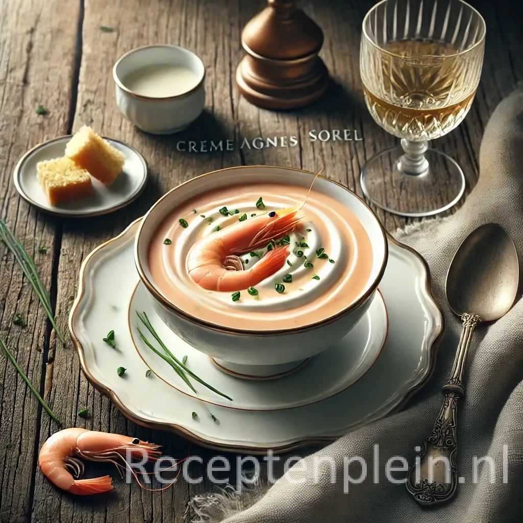 Hyperrealistische foodfoto van Crème Agnès Sorel geserveerd in een elegante porseleinen soepkom op een schotel, geplaatst op een rustieke houten tafel en licht uitgezoomd zodat het tafelblad zichtbaar is. De fluweelzachte lichtroze roomsoep is gegarneerd met een roze garnaal, fijngesneden bieslook en een subtiele roomspiraal. Naast de kom liggen een zilveren lepel, croutons, extra garnalen, een glas witte wijn en een linnen doek in warm natuurlijk daglicht met een verfijnde Franse fine-dining uitstraling en premium foodmagazine stijl.