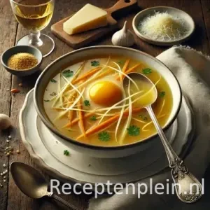 Hyperrealistische foodfoto van Crème à la Milanaise bouillon geserveerd in een elegante witte porseleinen kom op een schotel, geplaatst op een rustieke houten tafel en licht uitgezoomd zodat het tafelblad zichtbaar is. De heldere goudkleurige bouillon bevat fijne reepjes ei en julienne van groenten met een lichte topping van geraspte Parmezaan en peterselie. Er stijgt zachte stoom op en naast de kom liggen een zilveren lepel, een schaaltje kaas, een stuk Parmezaan, een glas witte wijn en een linnen doek in warm natuurlijk daglicht met een verfijnde Italiaanse restaurantuitstraling en premium foodmagazine stijl.