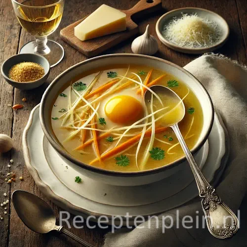 Hyperrealistische foodfoto van Crème à la Milanaise bouillon geserveerd in een elegante witte porseleinen kom op een schotel, geplaatst op een rustieke houten tafel en licht uitgezoomd zodat het tafelblad zichtbaar is. De heldere goudkleurige bouillon bevat fijne reepjes ei en julienne van groenten met een lichte topping van geraspte Parmezaan en peterselie. Er stijgt zachte stoom op en naast de kom liggen een zilveren lepel, een schaaltje kaas, een stuk Parmezaan, een glas witte wijn en een linnen doek in warm natuurlijk daglicht met een verfijnde Italiaanse restaurantuitstraling en premium foodmagazine stijl.