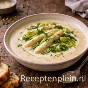 Crème comtesse aspergesoep op een rustieke houten tafel.