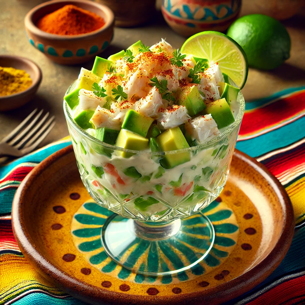 Een elegante Creoolse cocktail met verse avocado, sappig krabvlees en fijngesneden komkommer, geserveerd op een rustieke keramische schaal. De salade is verfijnd afgemaakt met een romige mayonaisedressing, een vleugje paprikapoeder, cayennepeper en een schijfje limoen. De warme achtergrond straalt een uitnodigende sfeer uit met levendige kleuren en subtiele decoratieve patronen. 🥑🦀✨