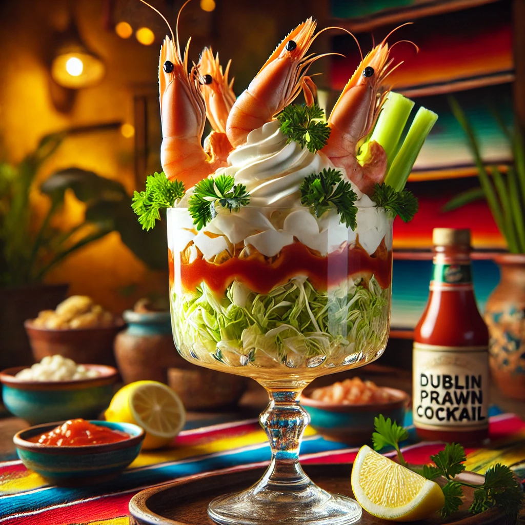 Een elegante Dublin garnalencocktail, geserveerd in een hoge glazen coupe. De cocktail is opgebouwd met fijngesneden sla en selderij, rijkelijk bedekt met sappige garnalen en een romige cocktailsaus van slagroom, citroensap, Worcestershire saus, ketchup en mierikswortel. Afgewerkt met een takje verse peterselie en een schijfje citroen. De warme achtergrond straalt een uitnodigende sfeer uit met levendige kleuren en subtiele decoratieve patronen. 🍤🍋✨