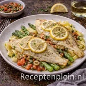 Gebakken slibtong met tagliatelle, groene asperges en tomatensaus op rustieke houten tafel met citroen en witte wijn