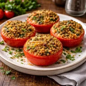 tomaten gevuld met kruiden, broodkruim en pecorino, goudbruin gegratineerd op een rustieke houten tafel.
