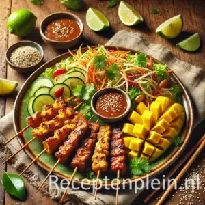 Gemengde sateetjes op een Oosterse salade met fruit op rustieke houten tafel