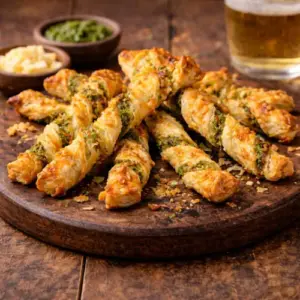Knapperige bladerdeegstengels gevuld met groene pesto en gesmolten kaas, geserveerd op een rustieke houten plank met een glas bier en schaaltjes met extra kaas en pesto.