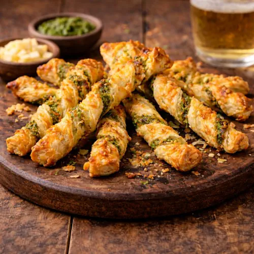 Knapperige bladerdeegstengels gevuld met groene pesto en gesmolten kaas, geserveerd op een rustieke houten plank met een glas bier en schaaltjes met extra kaas en pesto.