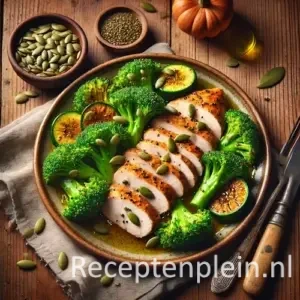 Kip met broccoli en pompoenpitten op rustieke houten tafel