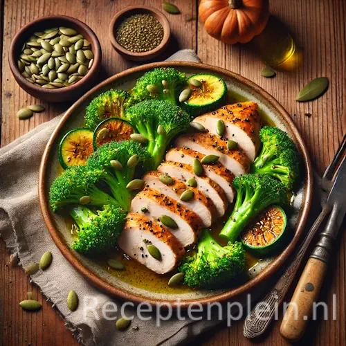 Kip met broccoli en pompoenpitten op rustieke houten tafel