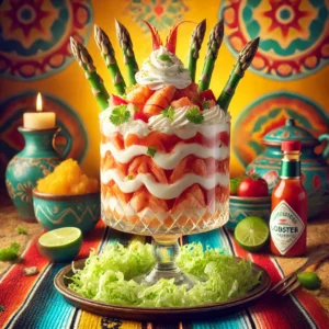Een verfijnde langoustecocktail, geserveerd in een elegante glazen coupe. De cocktail bevat fijngesneden sla, gemarineerde stukjes langoustevlees in een romige saus van mayonaise, ketchup, slagroom, cognac, citroen en een vleugje Tabasco. De presentatie is afgewerkt met een plak langouste en delicate aspergepunten. De warme achtergrond straalt een uitnodigende sfeer uit met levendige kleuren en subtiele decoratieve patronen. 🦞🥬✨