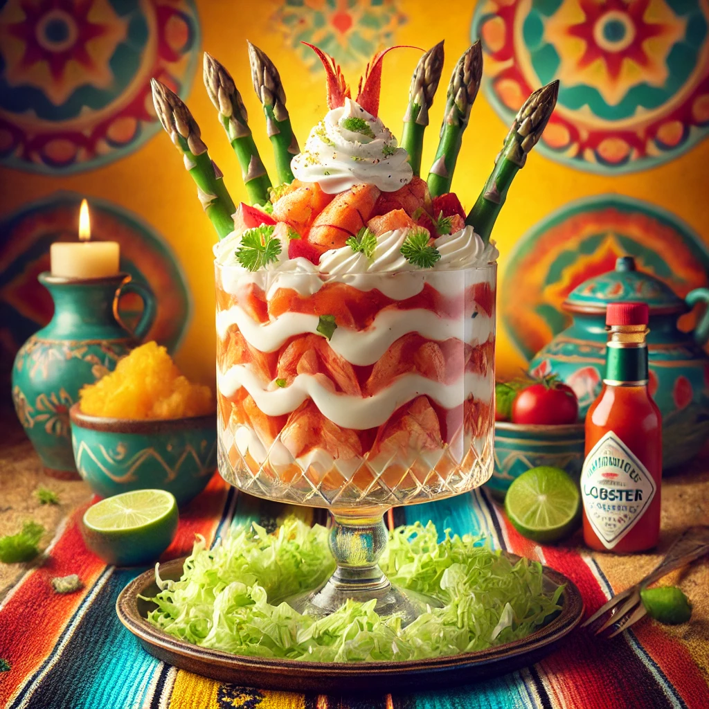 Een verfijnde langoustecocktail, geserveerd in een elegante glazen coupe. De cocktail bevat fijngesneden sla, gemarineerde stukjes langoustevlees in een romige saus van mayonaise, ketchup, slagroom, cognac, citroen en een vleugje Tabasco. De presentatie is afgewerkt met een plak langouste en delicate aspergepunten. De warme achtergrond straalt een uitnodigende sfeer uit met levendige kleuren en subtiele decoratieve patronen. 🦞🥬✨