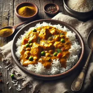 Rice dish with chicken and curry sauce on a rustic wooden table