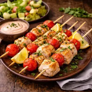 visspies van roodbaars en romaatjes, geserveerd met cocktailsaus, aardappelpartjes en frisse salade op houten tafel.