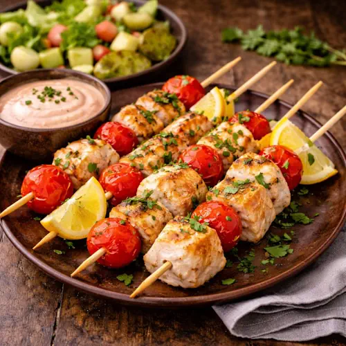 visspies van roodbaars en romaatjes, geserveerd met cocktailsaus, aardappelpartjes en frisse salade op houten tafel.