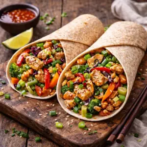 Volkorenwrap met kip en Thaise wokgroente op rustieke houten tafel