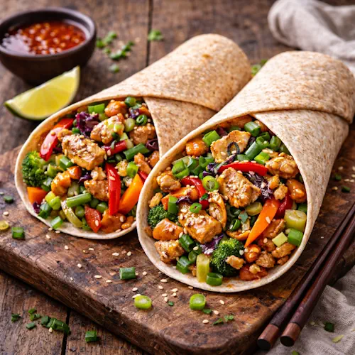 Volkorenwrap met kip en Thaise wokgroente op rustieke houten tafel