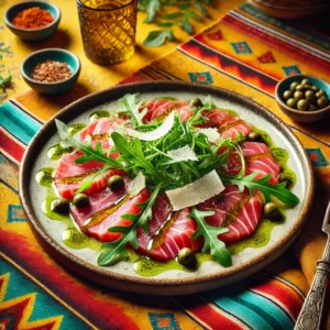Een prachtig gepresenteerde tonijncarpaccio, met dunne plakjes verse tonijn, bedruppeld met een frisse citrus-olijfoliedressing. Het gerecht is gegarneerd met rucola, kappertjes, geschaafde Parmezaanse kaas en een vleugje gedroogde chilivlokken. De warme achtergrond straalt een uitnodigende sfeer uit met levendige kleuren en subtiele decoratieve patronen. 🐟🍋✨
