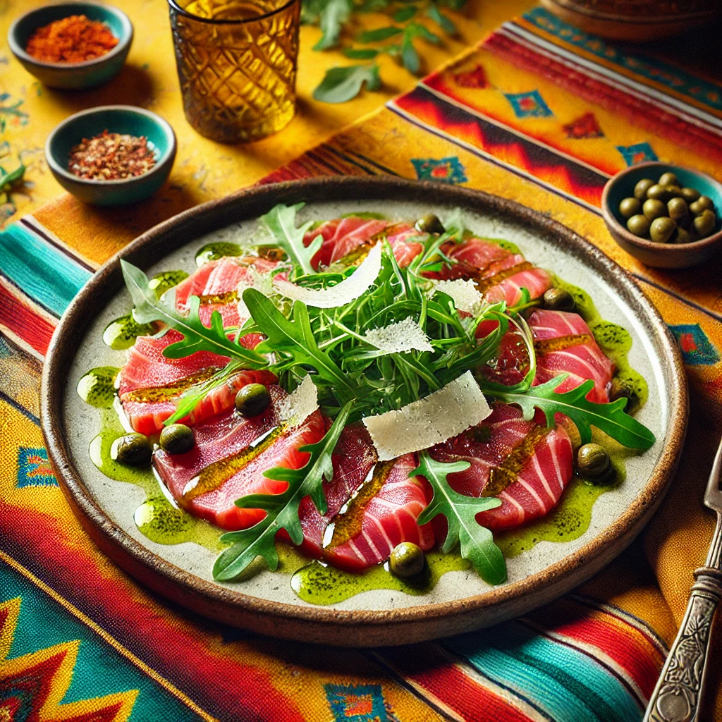 Een prachtig gepresenteerde tonijncarpaccio, met dunne plakjes verse tonijn, bedruppeld met een frisse citrus-olijfoliedressing. Het gerecht is gegarneerd met rucola, kappertjes, geschaafde Parmezaanse kaas en een vleugje gedroogde chilivlokken. De warme achtergrond straalt een uitnodigende sfeer uit met levendige kleuren en subtiele decoratieve patronen. 🐟🍋✨
