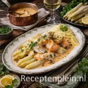 Sole et saumon princesse met asperges op rustieke houten tafel