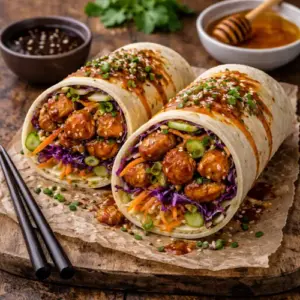 Wok roll met teryaki honing kip en groenten op rustieke houten tafel