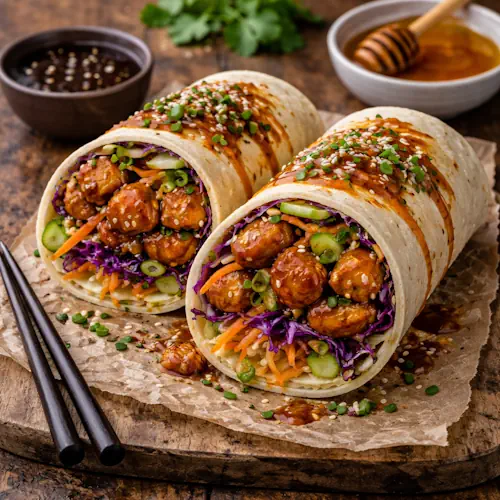 Wok roll met teryaki honing kip en groenten op rustieke houten tafel