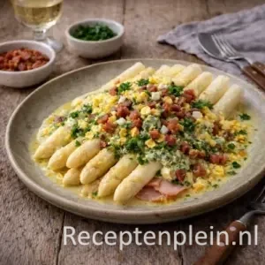 Asperges a la flamande met Breydelspek op lichte neutrale tafel