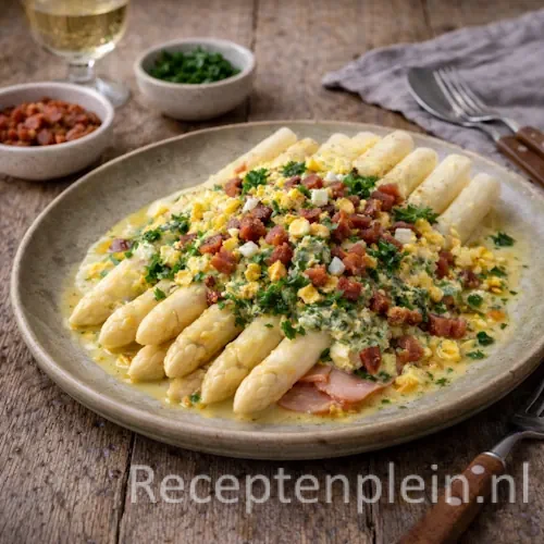 Asperges a la flamande met Breydelspek op lichte neutrale tafel