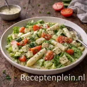 Boerensalade op een rustieke houten tafel.