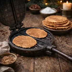 Drentse knieperties, dunne zoete wafels gebakken in een gietijzeren knijpijzer, geserveerd op een rustieke houten tafel volgens Drentse traditie rond Oud & Nieuw