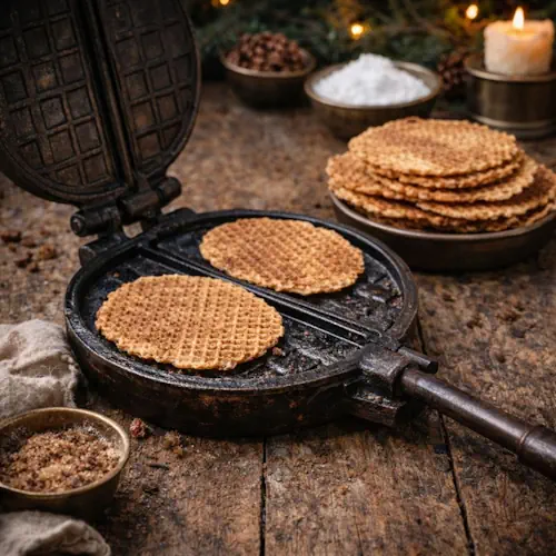 Drentse knieperties, dunne zoete wafels gebakken in een gietijzeren knijpijzer, geserveerd op een rustieke houten tafel volgens Drentse traditie rond Oud & Nieuw