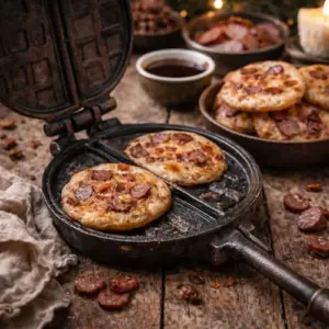 Drentse Speckdikk’n van roggemeel met spek en droge metworst, goudbruin gebakken in een gietijzeren knijpijzer op een rustieke houten tafel, traditioneel gegeten rond Oud & Nieuw