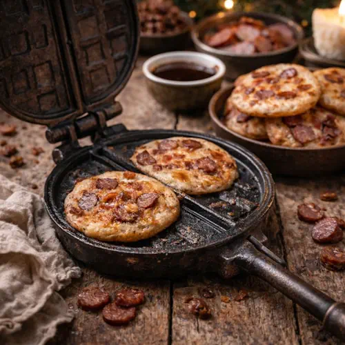 Drentse Speckdikk’n van roggemeel met spek en droge metworst, goudbruin gebakken in een gietijzeren knijpijzer op een rustieke houten tafel, traditioneel gegeten rond Oud & Nieuw