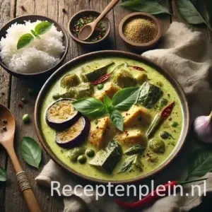 Gaeng kieow wan gai Thaise groene curry met kip en kokosmelk geserveerd met rijst op rustieke houten tafel