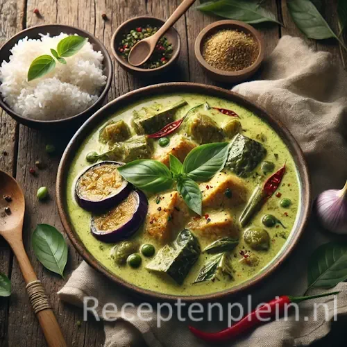 Gaeng kieow wan gai Thaise groene curry met kip en kokosmelk geserveerd met rijst op rustieke houten tafel