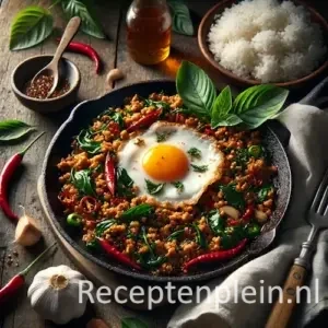Gai pad bai graphao Thaise basilicum kip uit de wok met rijst op rustieke houten tafel