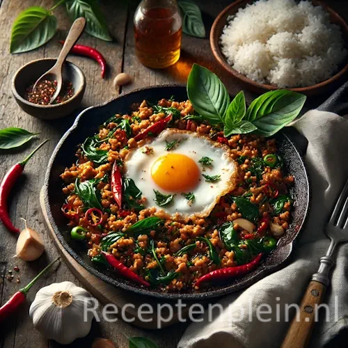 Gai pad bai graphao Thaise basilicum kip uit de wok met rijst op rustieke houten tafel