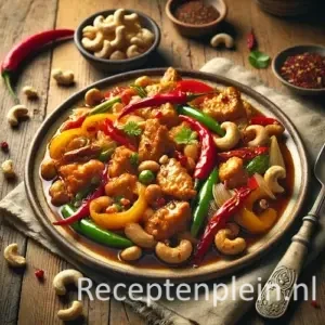 Gai pud met mar mooung op rustieke houten tafel